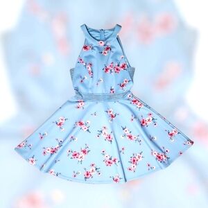 City Triangles Halter Skater Dress Blue Pink Floral Size 7 Juniors Spring Party